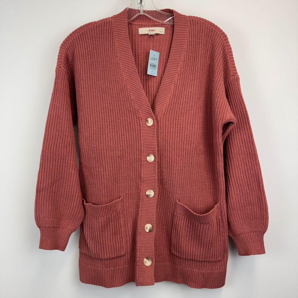 Loft Womens Shaker Stitch V-Neck Cardigan Sweater Rose‎ Clay MP Petite 32001082